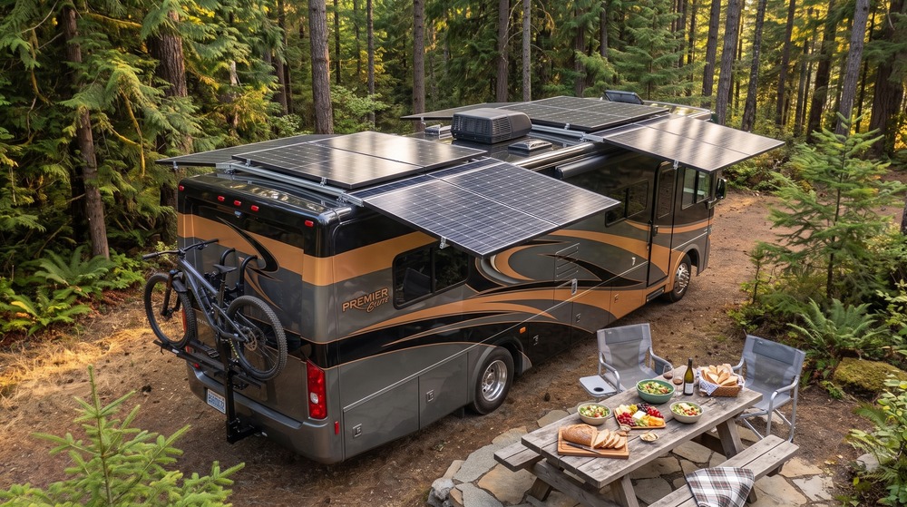 Class A motorhome with SlideTrack solar
