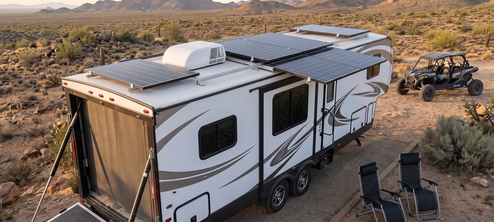 Travel trailer with SlideTrack solar